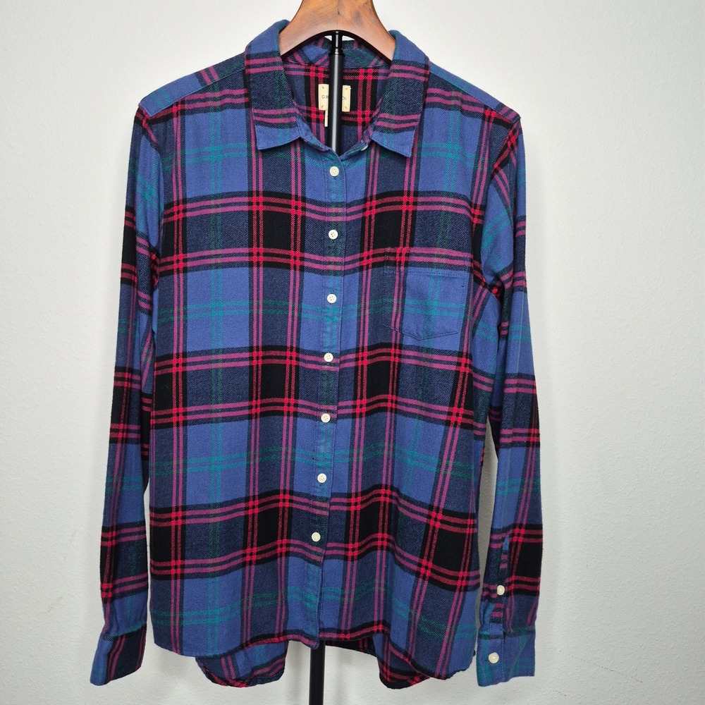 G.H. Bass & Co Womens Blue Red Plaid Flannel Button Down Shirt L Cozy Cabincore
